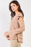 Taupe Cut-Out Shoulder Bell Sleeve Raw Edge Detail Layered Hem Top /2-2-2 - My Store