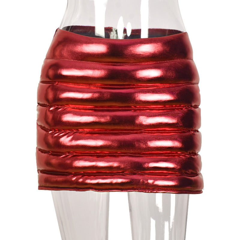 Red Women's Puffer Skirts Metallic Shiny Warm Quilted Mini Skirt - My Store