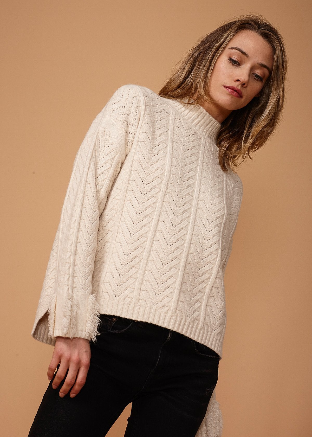 Women's Turtle Neck Fringe Sweater in Natural - My Store