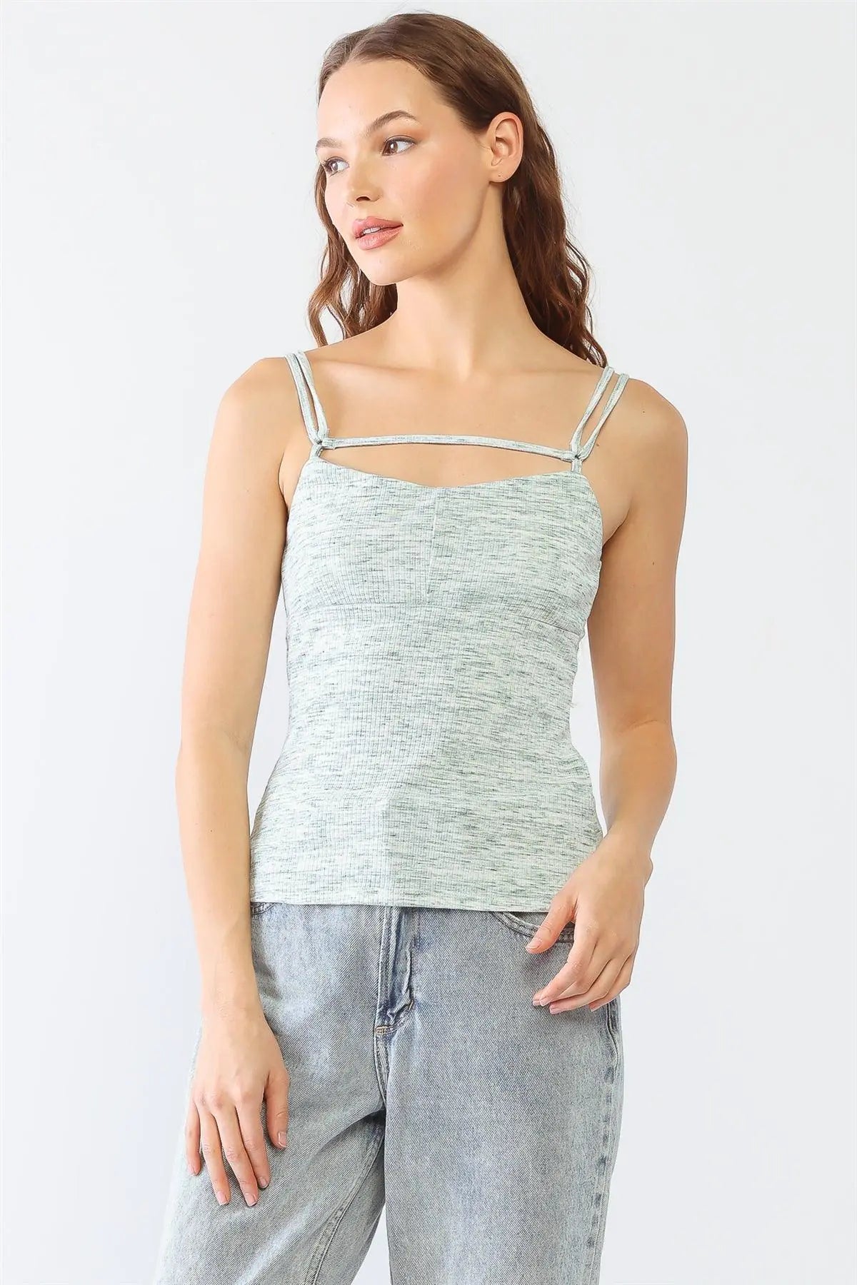 Cream & Green Printed Ribbed Sleeveless Strappy Top /3-2-1