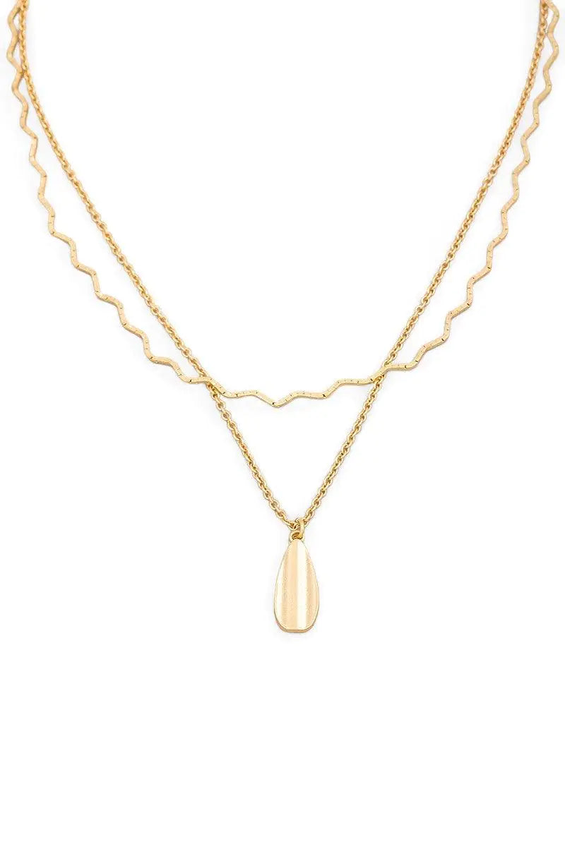 Two Layer gold Flat Teardrop Pendant Wavy Necklace