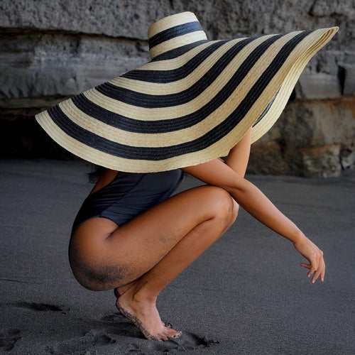 SOLANA Oversized Striped Straw Hat in Black & Natural - My Store