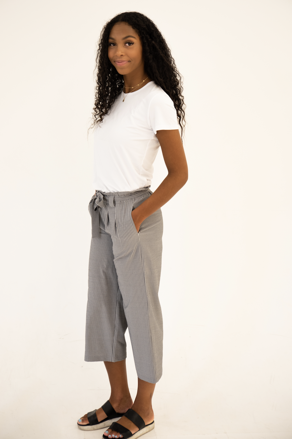 DT Izzy Belted Striped Palazzo pants - grey and white - My Store