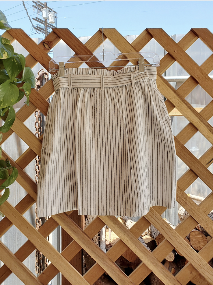 Coconut button Stripe Woven Skirt With Belt in Cream - My Store