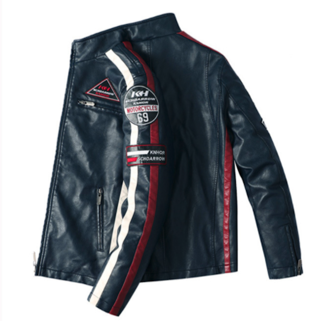 Mens Biker Vegan Leather Jacket With Badges - My Store