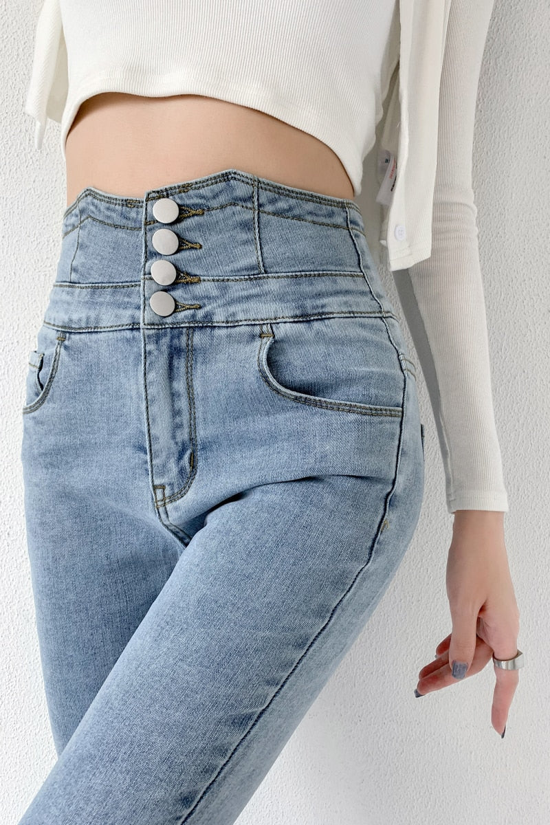 Skinny Pencil Jeans Four Buttons Vintage High Waist Women Slim Stretch - My Store