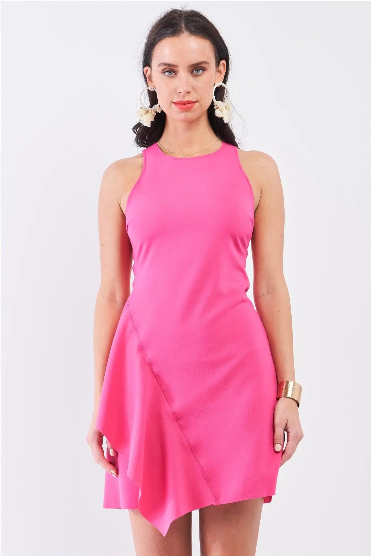 Hot-Pink Sleeveless Round Neck Fitted Asymmetrical Mini Dress - My Store