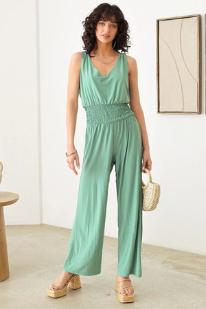 Boho Sleeveless V-Neck Smocked Waist Warp Back Jumpsuit