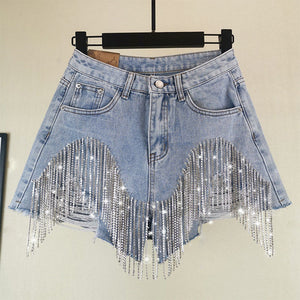 Summer Ripped Jeans Short Femme High Waist Diamond Tassel Y2k Casual - My Store