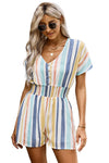 Summer Striped Print V-neck Button Romper - My Store