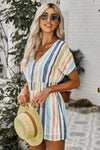 Summer Striped Print V-neck Button Romper - My Store