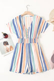 Summer Striped Print V-neck Button Romper - My Store