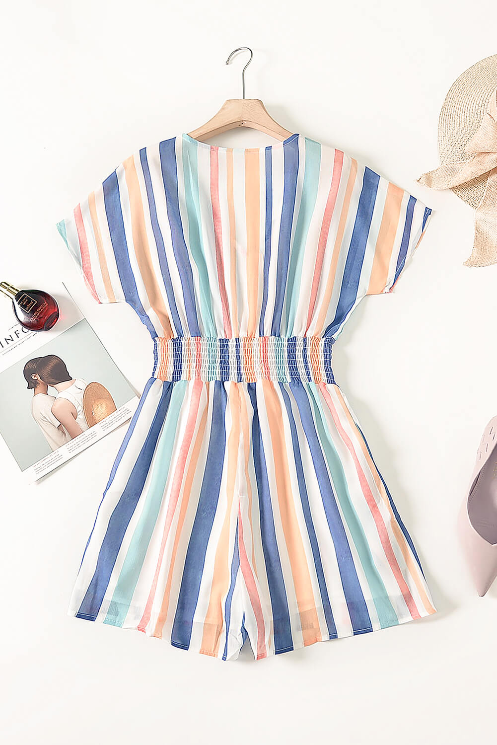 Summer Striped Print V-neck Button Romper - My Store