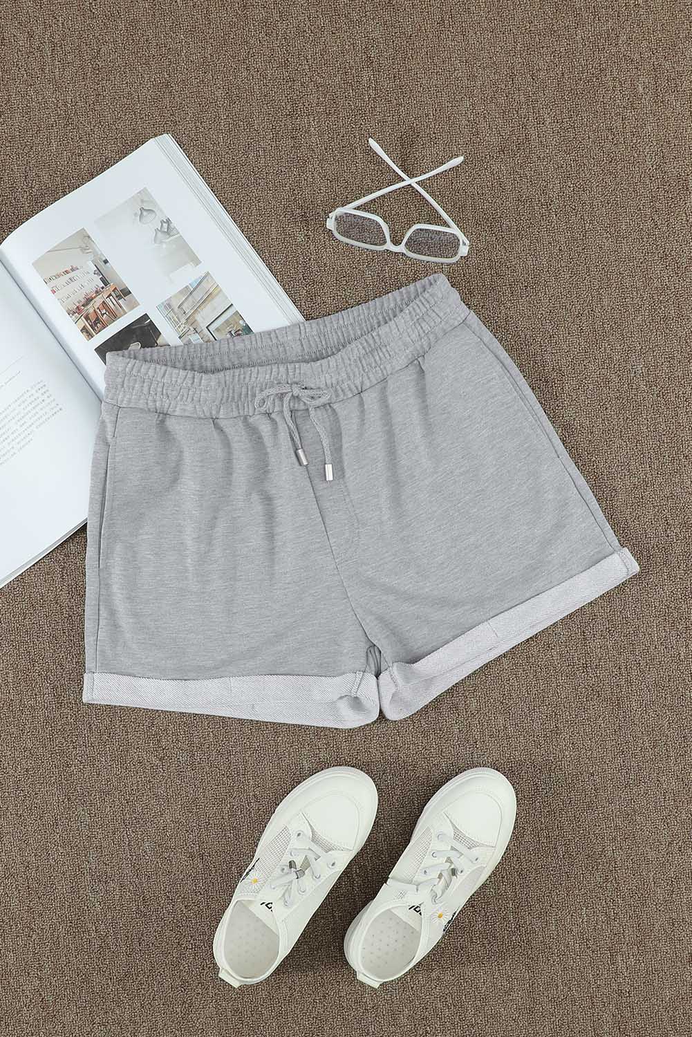 Summer Women Gray Tie Waist Side Pockets Cuffed Lounge Shorts - My Store