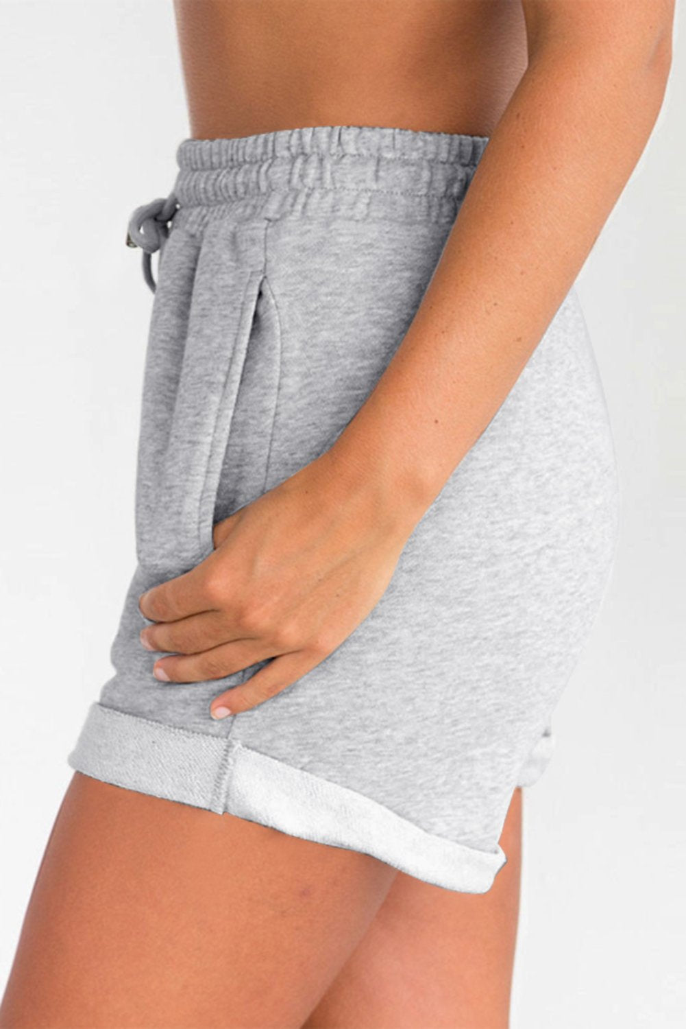 Summer Women Gray Tie Waist Side Pockets Cuffed Lounge Shorts - My Store