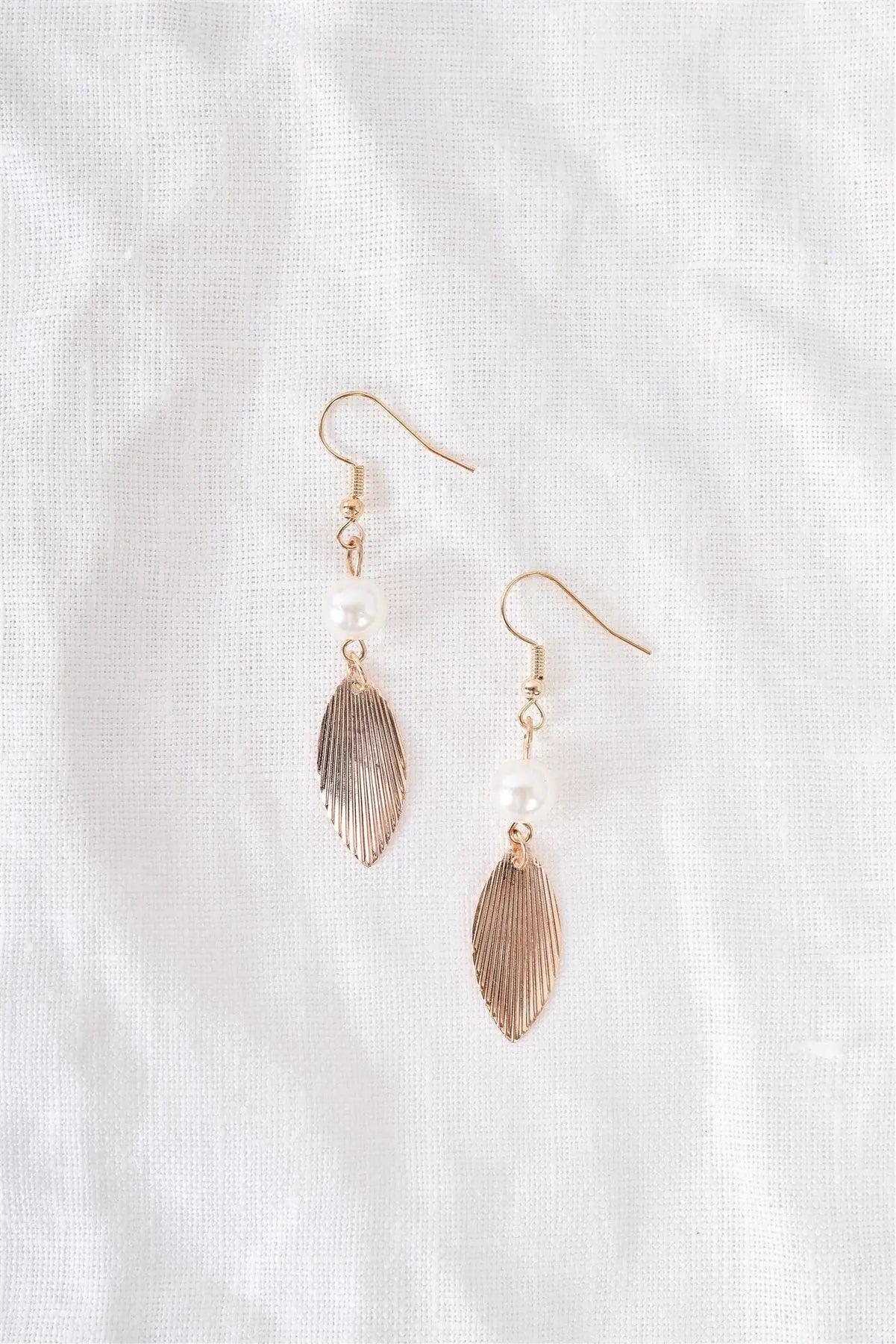 Gold & Pearl Feather Drop Earrings - My Store