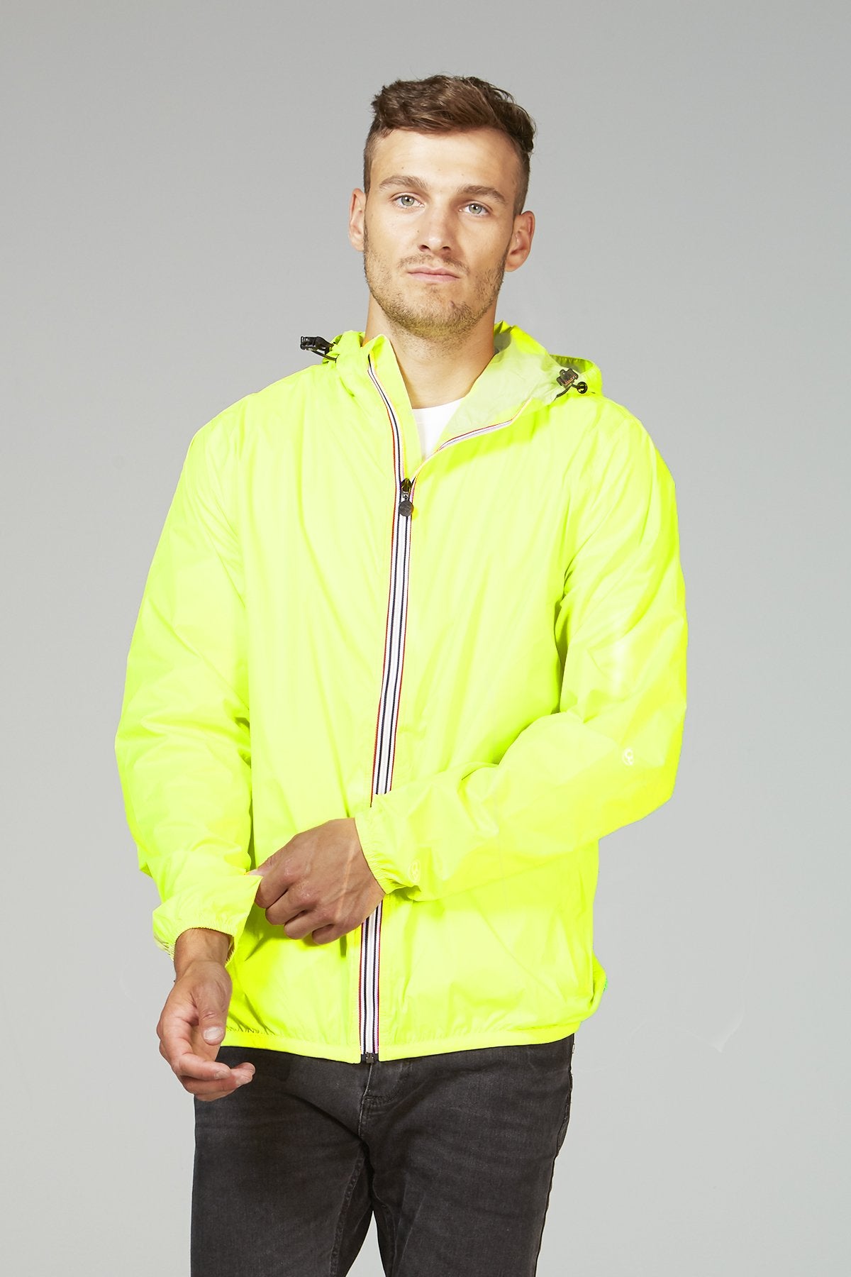 Yellow fluo full zip packable rain jacket and windbreaker - My Store