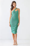 Green Ribbed Ruched Cut-Out Neck One-Shoulder Midi Dress - My Store