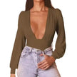 Chic Solid Plunging Neck Lantern Sleeve Bodysuit - My Store