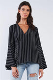 Black V-Neck Wrap Loose Fit White Horizontal Double Stripe Bellflower Long Sleeve Front Cross Threading Corset Detail Top - My Store