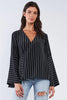 Black V-Neck Wrap Loose Fit White Horizontal Double Stripe Bellflower Long Sleeve Front Cross Threading Corset Detail Top - My Store