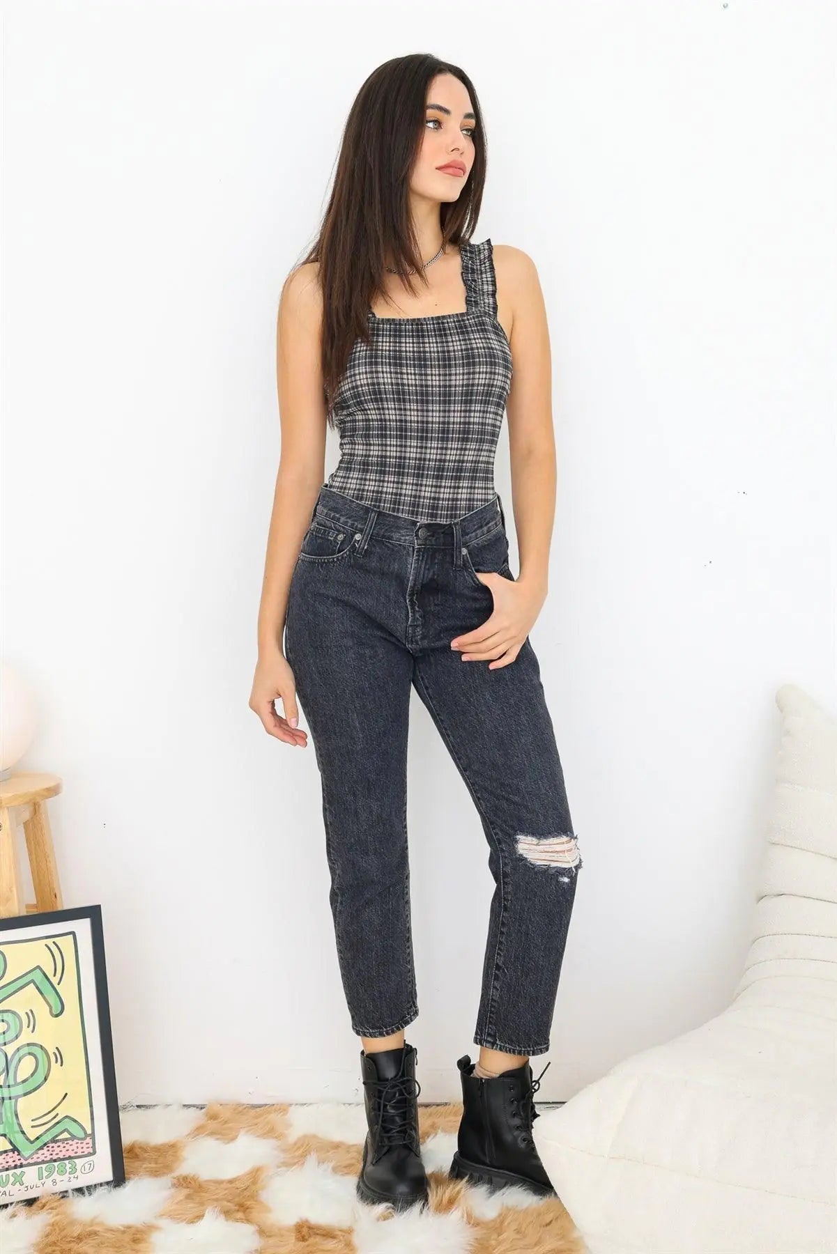 Plaid Ruffle Straps Fitted Bodysuit - My Store