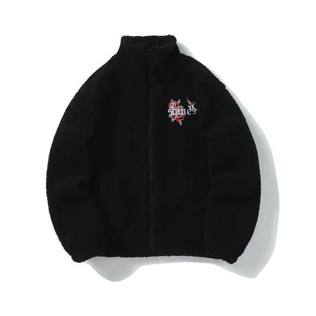 Flower Embroidery Zip Up Thermal Jacket