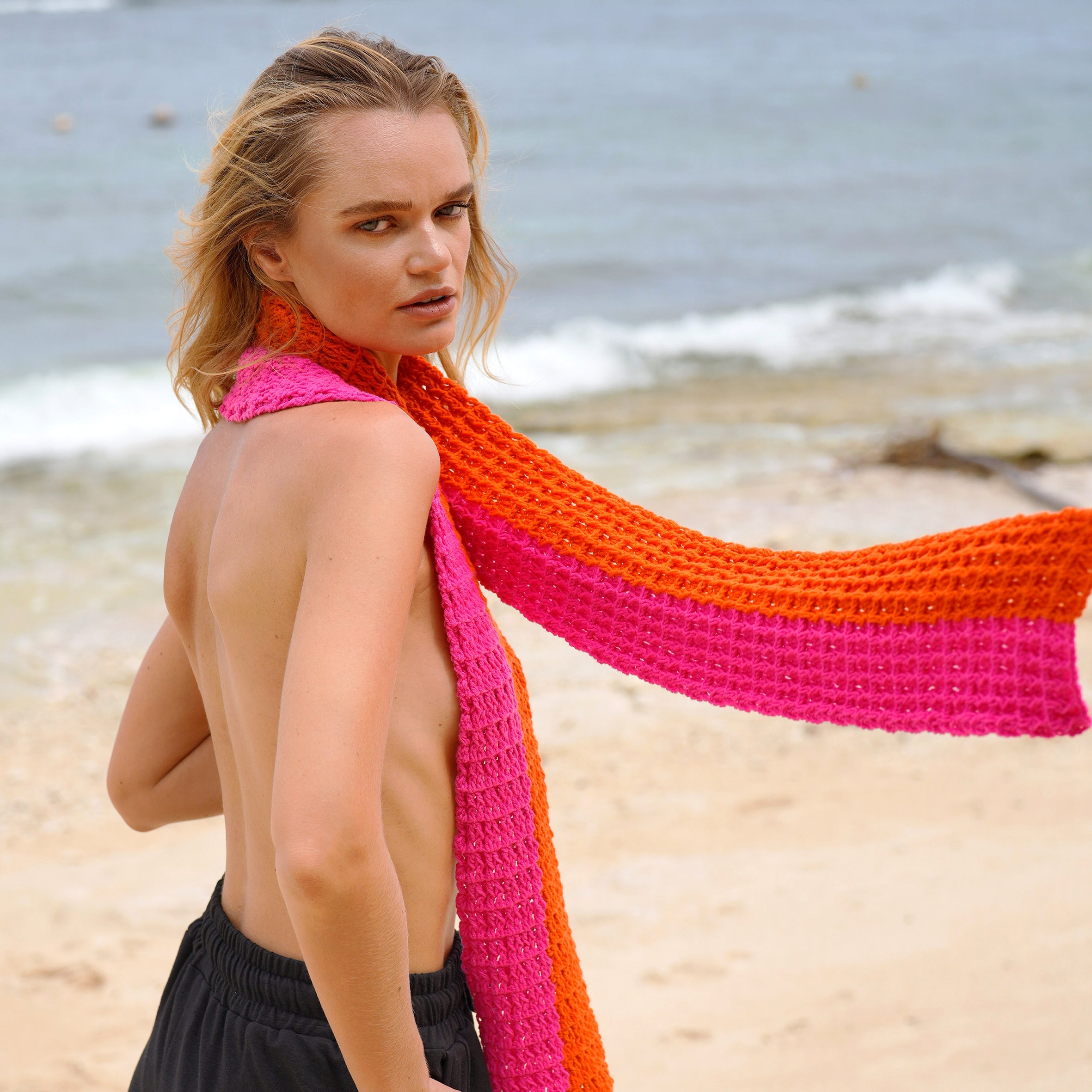 WAFFLE Crochet Scarf in Candy Pink & Tangerine Orange - My Store