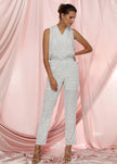 Women's Sleeveless V-neck Printed Jumpsuit In Ivory Silver - My Store