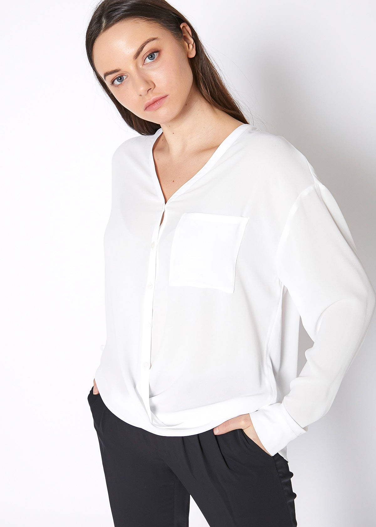 V-Neck Wrap Hem Blouse - My Store