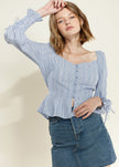 Smocked Cuff Button Front Peplum Blouse in Blue - My Store