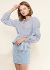 Smocked Sleeve Stripe Wrap Blouse in Blue - My Store