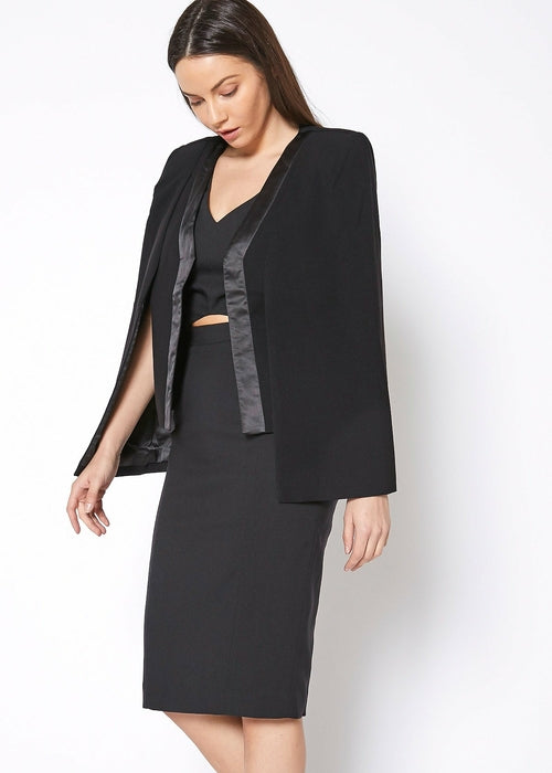 Women's Black Satin Trim Cape Blazer - My Store