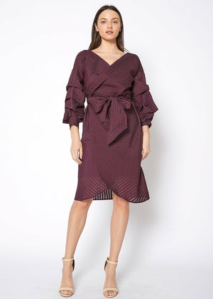 Organza Stripe Wrap Dress In Burgundy - My Store