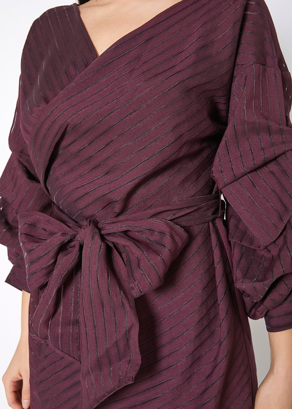 Organza Stripe Wrap Dress In Burgundy - My Store