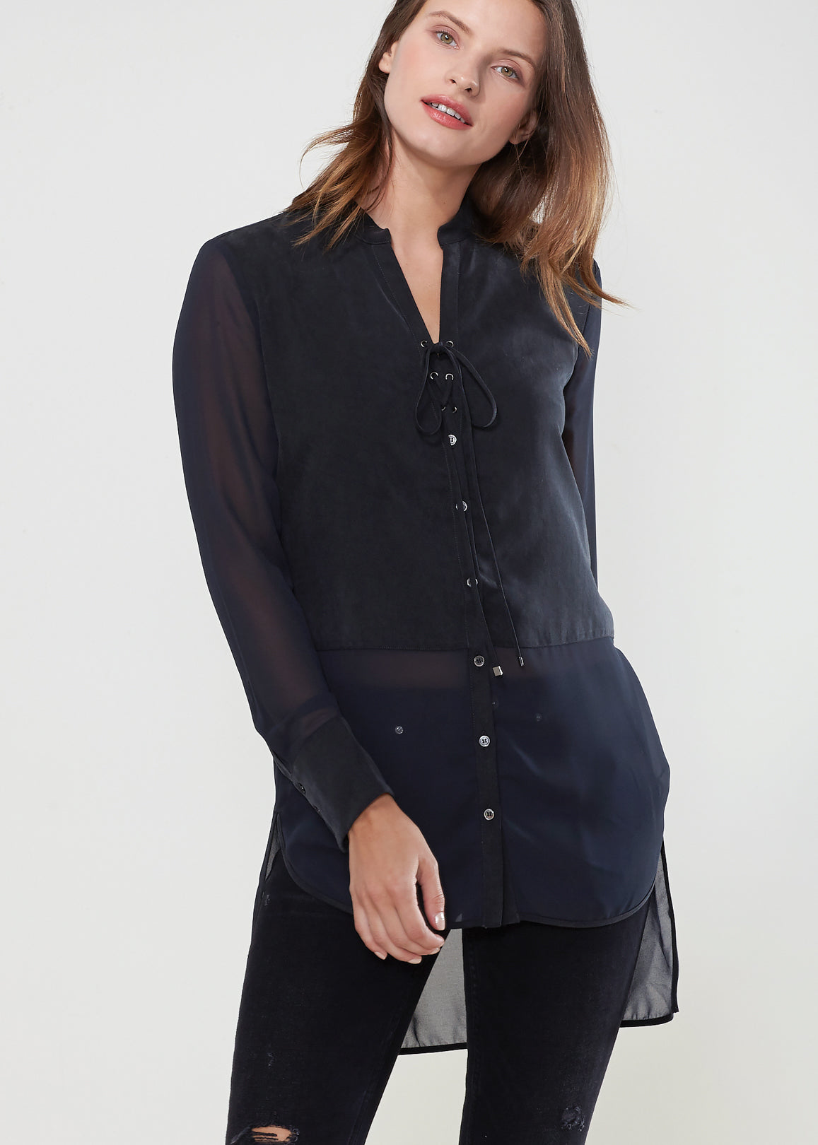 Women's Mesh Contrast Button Up Shirt In Black - My Store