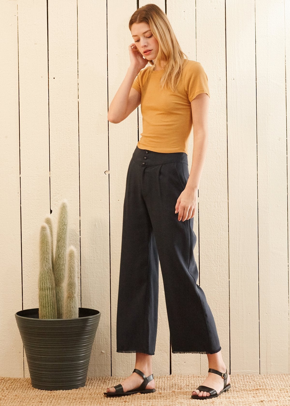 Women's Fringe Hem Cropped Pants in Navy - My Store