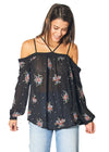 Off Shoulder Embroidery Print Blouse in Black - My Store