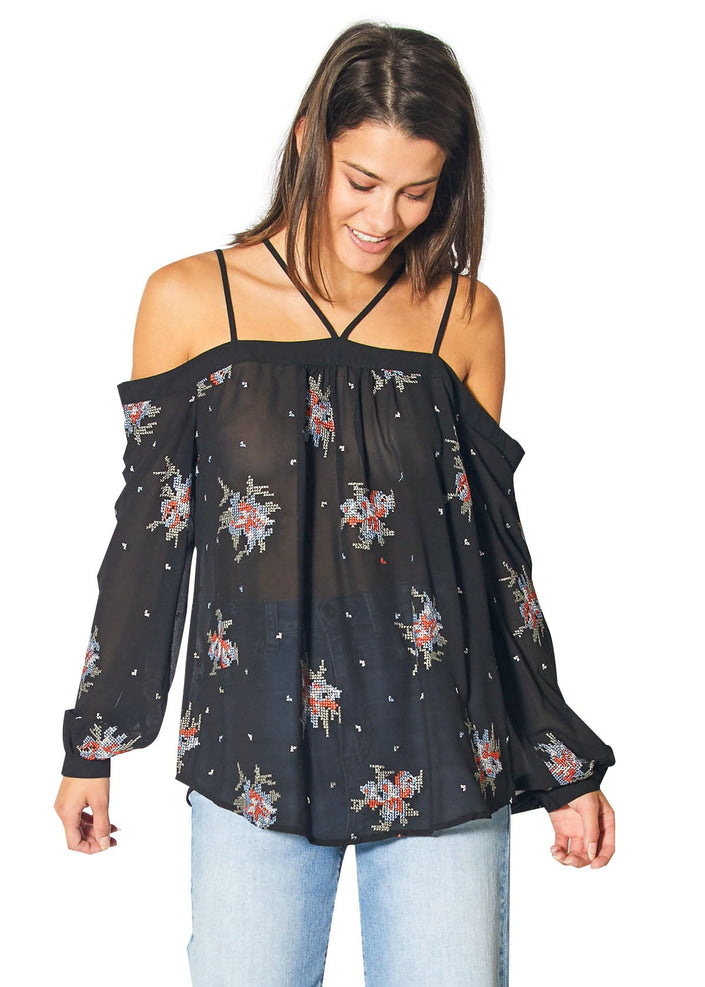 Off Shoulder Embroidery Print Blouse in Black - My Store