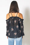 Off Shoulder Embroidery Print Blouse in Black - My Store