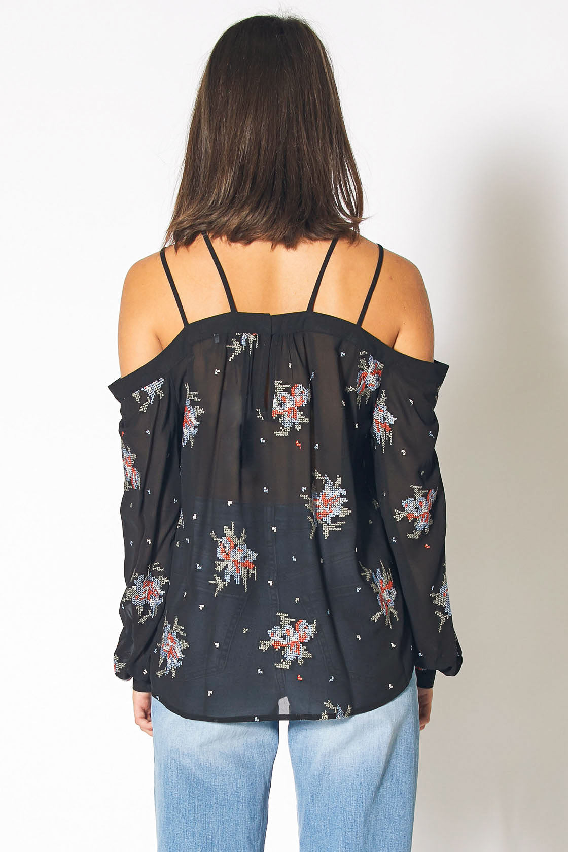 Off Shoulder Embroidery Print Blouse in Black - My Store