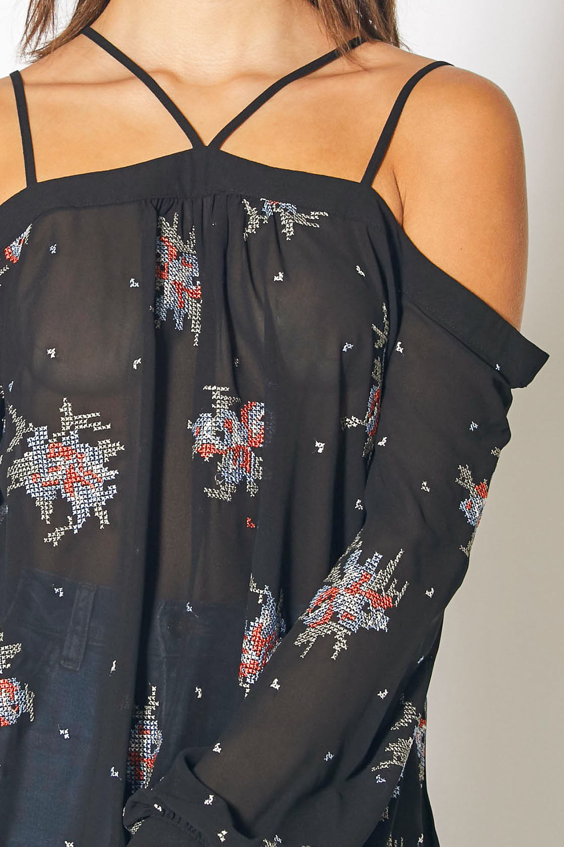 Off Shoulder Embroidery Print Blouse in Black - My Store