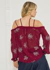 Off Shoulder Embroidery Print Blouse in Burgundy - My Store