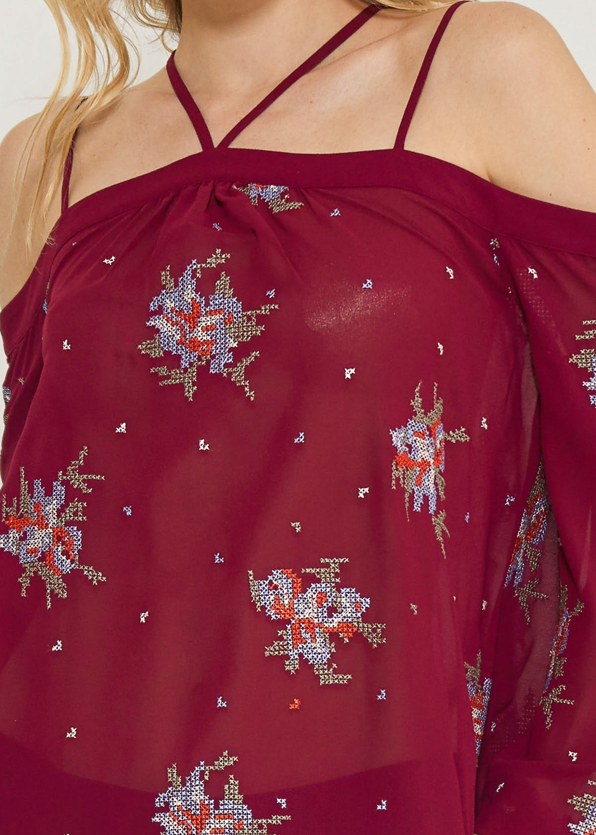 Off Shoulder Embroidery Print Blouse in Burgundy - My Store