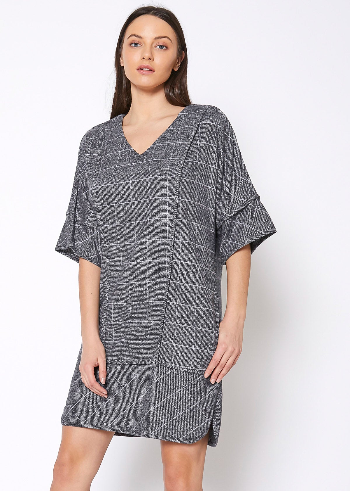 V-Neck Brushed Cotton Check Dress In Grey Plaid - My Store