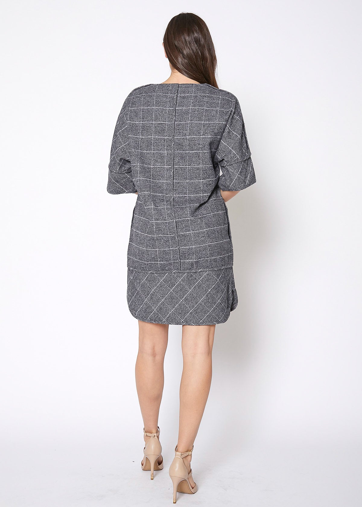 V-Neck Brushed Cotton Check Dress In Grey Plaid - My Store