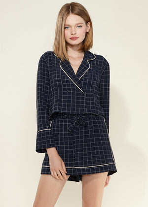 Women's Grid Print Pajama Blouse In Navy Plaid - My Store