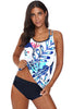 White Blue Floral Print Criss Cross Tankini Swimwear - My Store