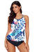 White Blue Floral Print Criss Cross Tankini Swimwear - My Store