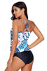 White Blue Floral Print Criss Cross Tankini Swimwear - My Store